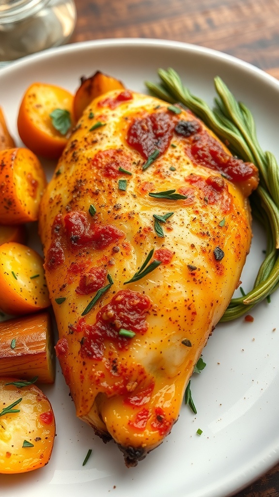 A seasoned chicken breast garnished with herbs, served with roasted vegetables on a rustic table.